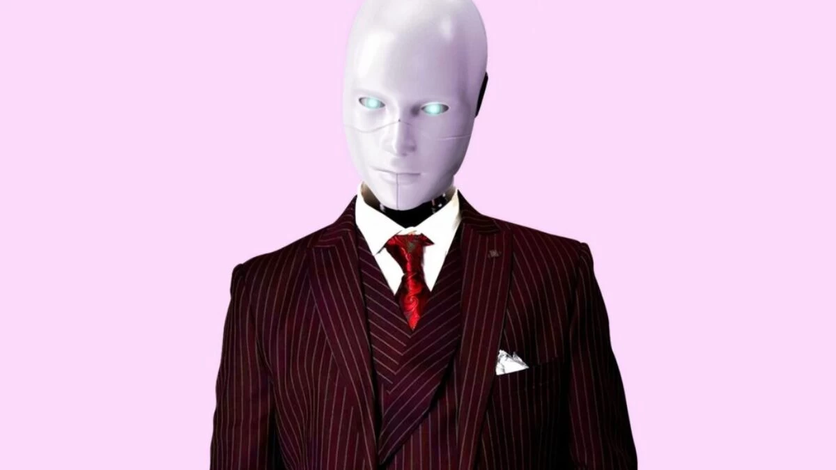 man in red and black pinstripe suit jacket