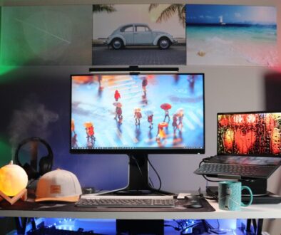black flat screen computer monitor on white desk