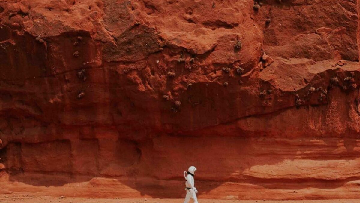 person walking near brown rock