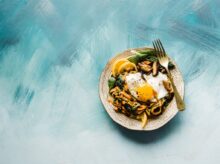 pasta dish on brown plate