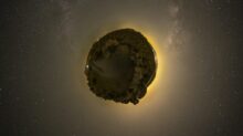 floating rock on galaxy illustration