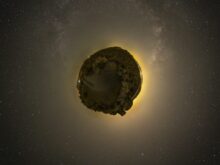 floating rock on galaxy illustration