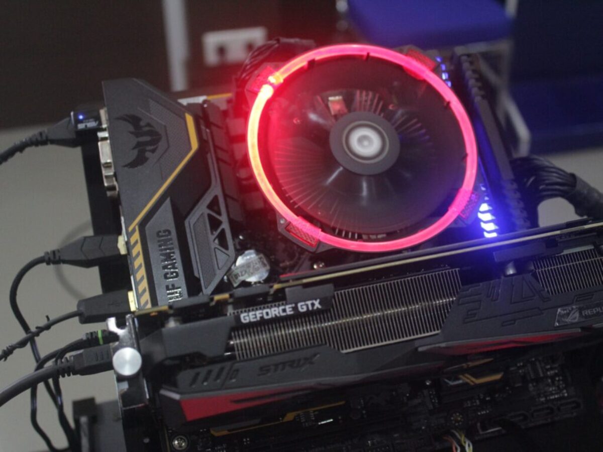 lighted black and gray graphics card