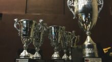 several silver and gold trophies on wooden surface