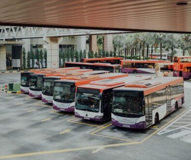 orange and white bus lot