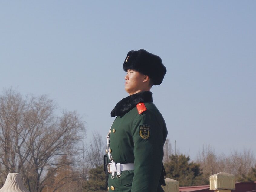 man standing beside leafless trees