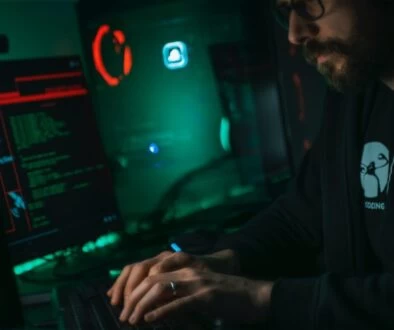 man in black jacket using computer