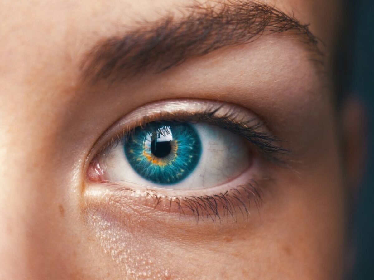 selective focus of blue-eyed person