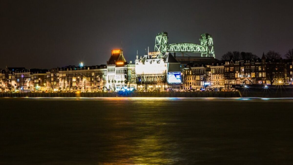 city lights turned on during night time