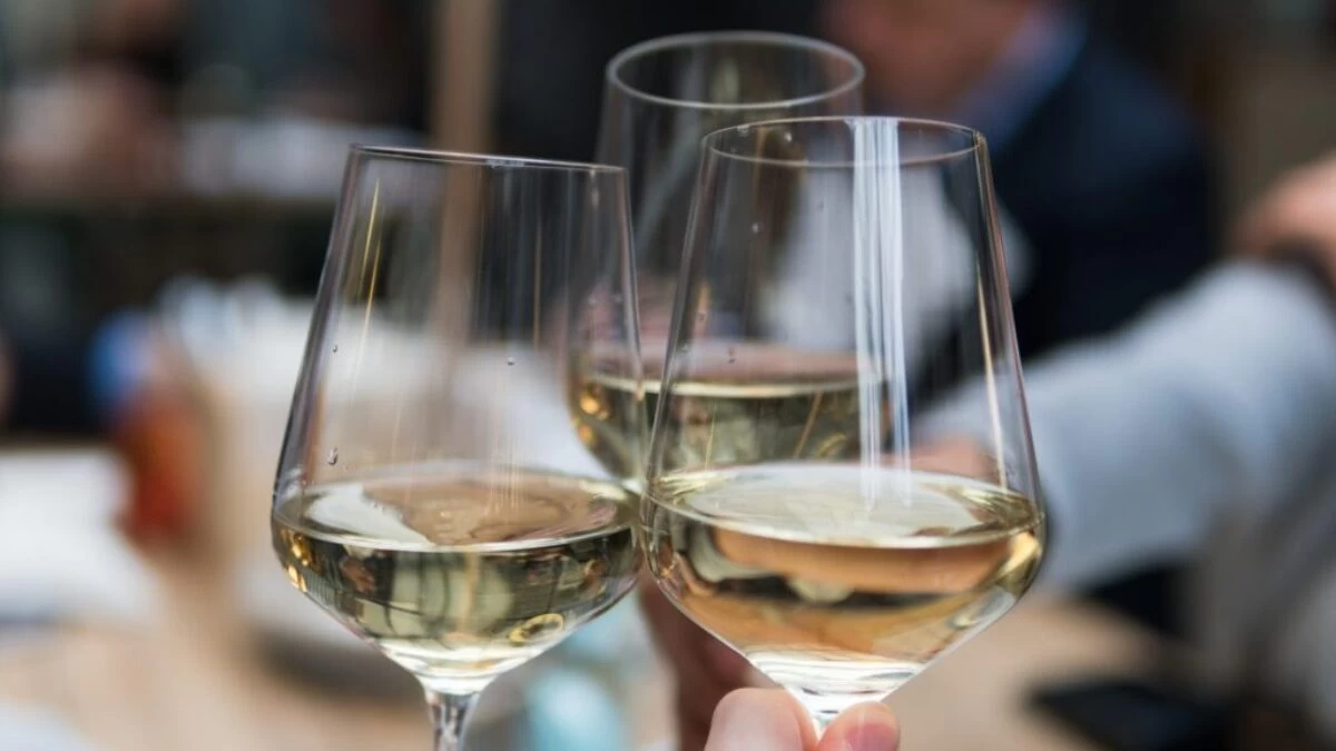 three people having a toast using three clear crystal wine glasses