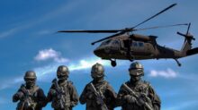 Four Soldiers Carrying Rifles Near Helicopter Under Blue Sky