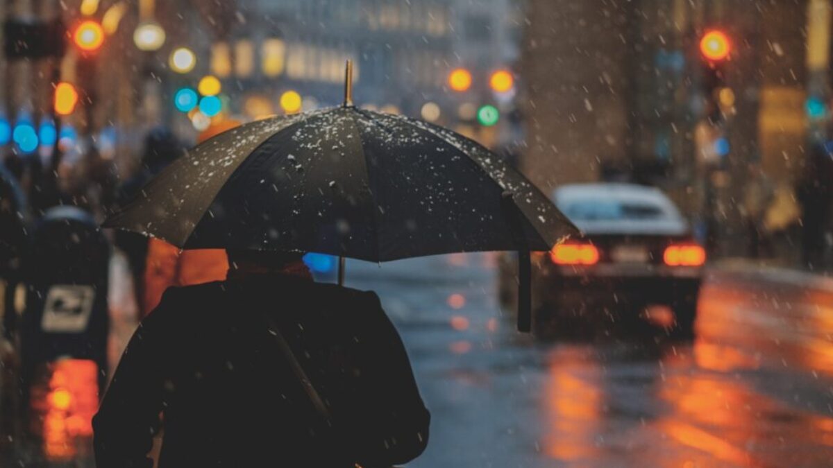 person walking on street and holding umbrella while raining with vehicle nearby