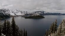 trees on snow covered mountain near body of water