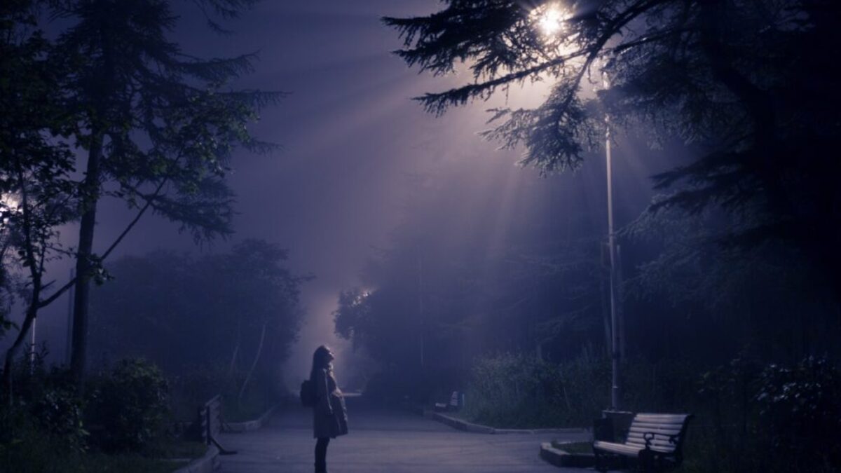person looking at street lamp