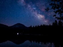 silhouette of mountain near body of water during night time
