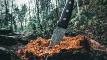 black handled knife on brown log