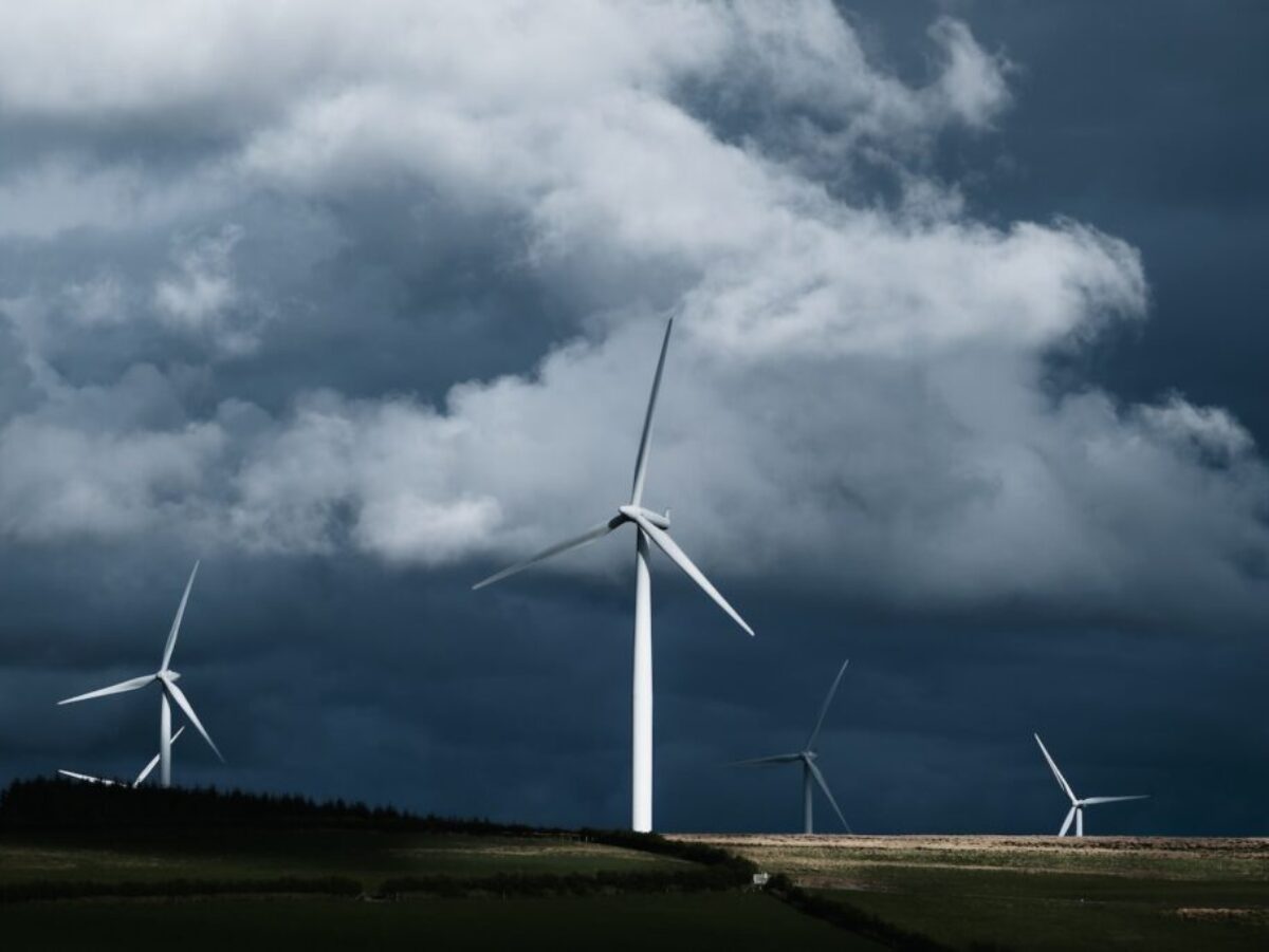 white wind turbines on green grass field under gray clouds