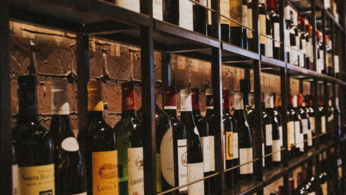 wine bottles on rack