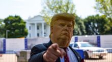 man wearing Donald Trump mask standing in front of White House