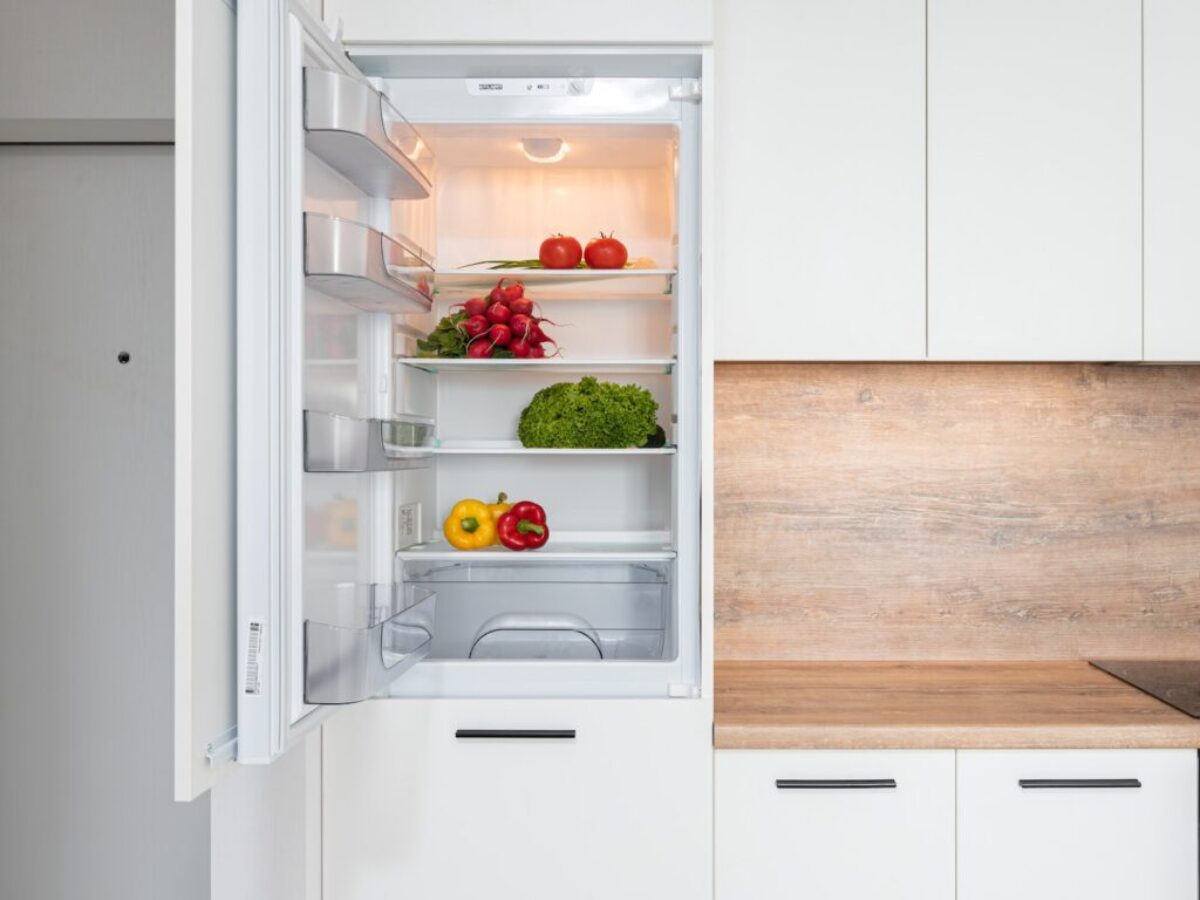 Fridge with different vegetable in modern kitchen