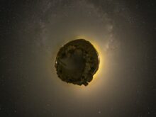 floating rock on galaxy illustration