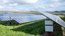 blue solar panels on green grass field under white clouds and blue sky during daytime