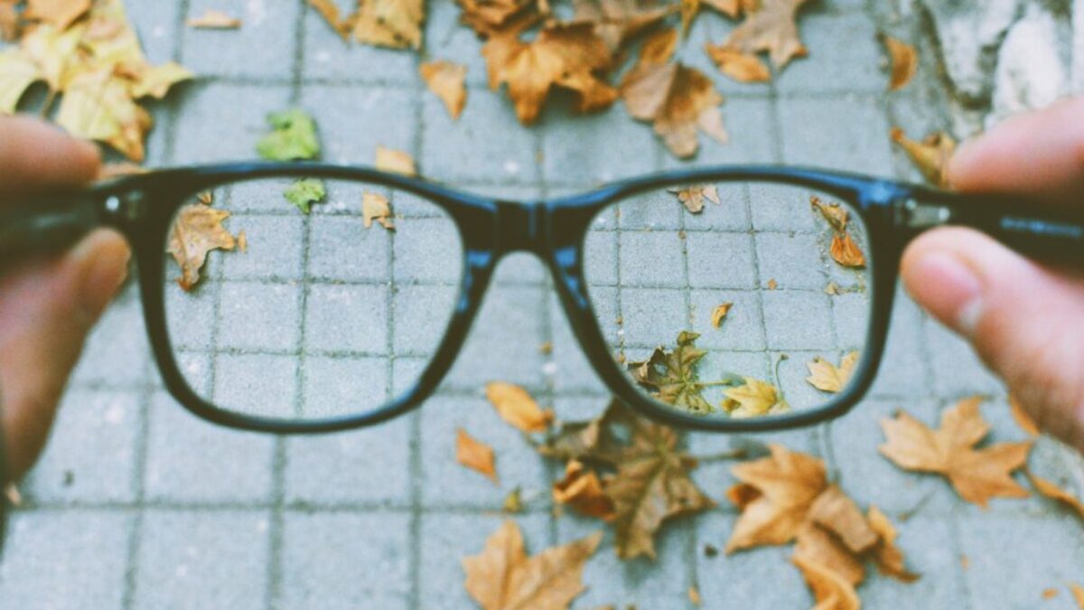person holding black-framed eyeglasses