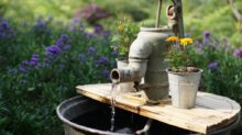 gray deep well pump surrounded by flowers during daytime