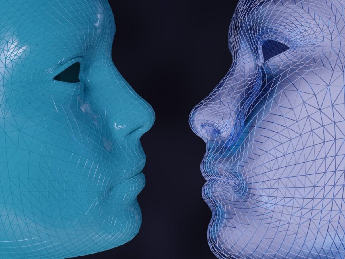 a blue and a white mannequin face to face