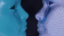 a blue and a white mannequin face to face
