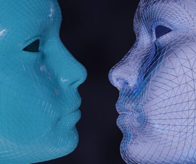 a blue and a white mannequin face to face