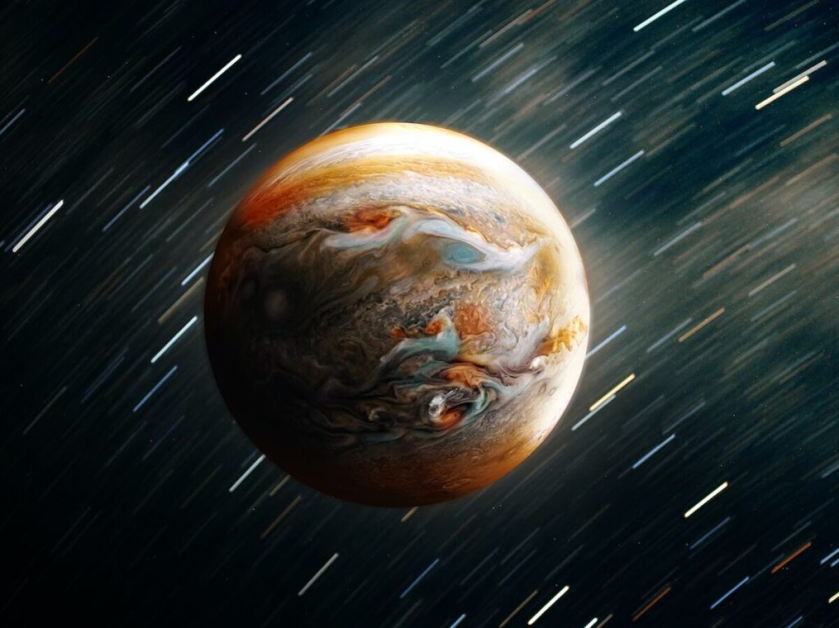 a planet with a star trail in the background
