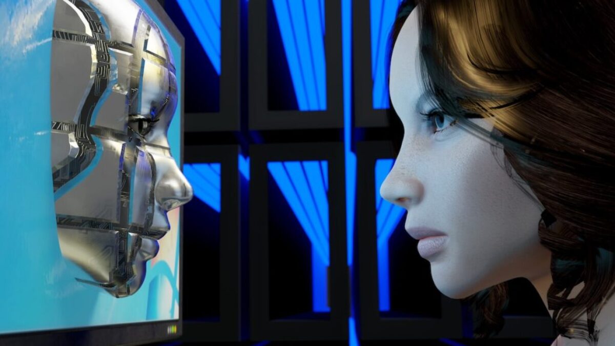 a female mannequin is looking at a computer screen