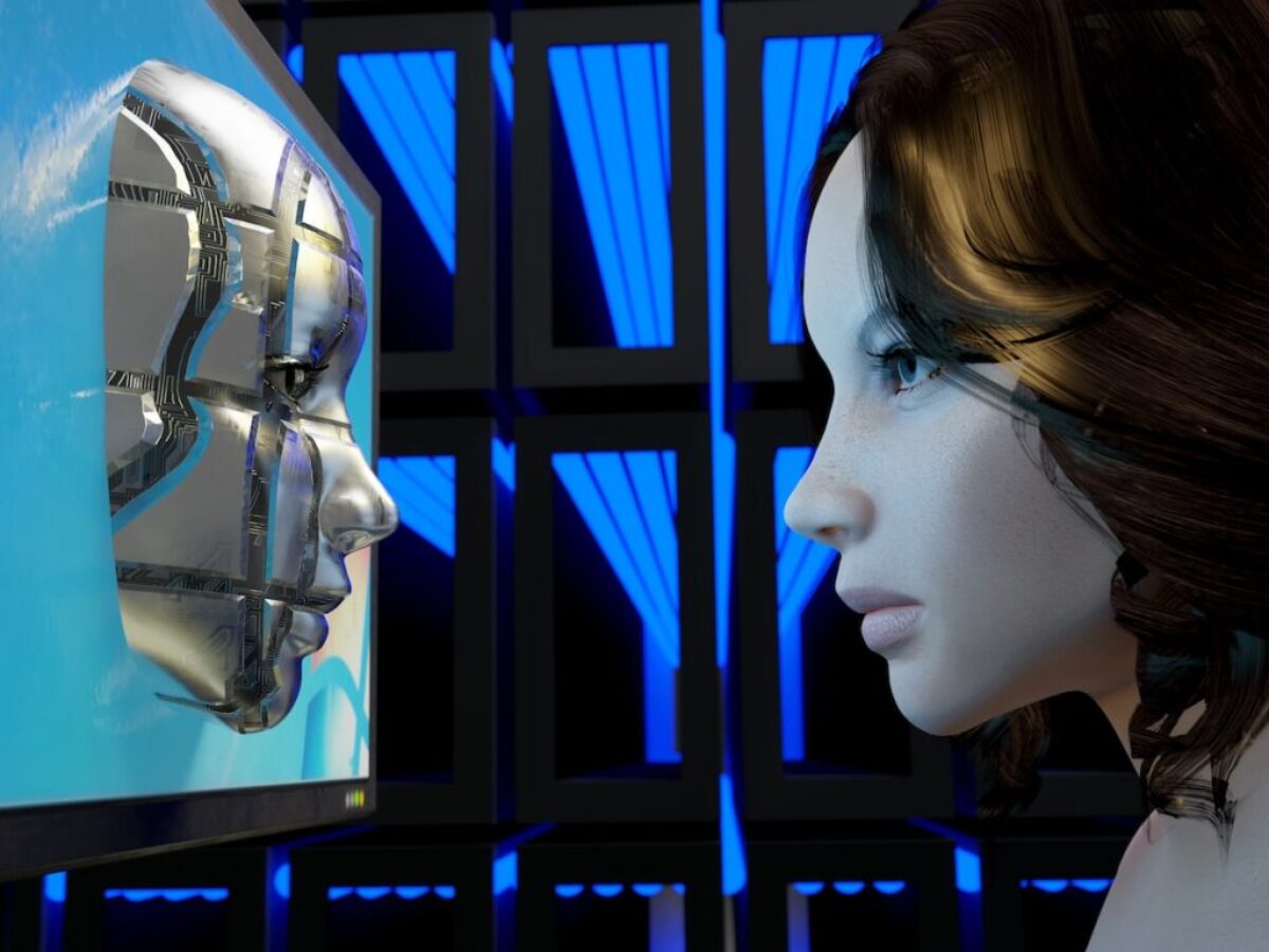 a female mannequin is looking at a computer screen