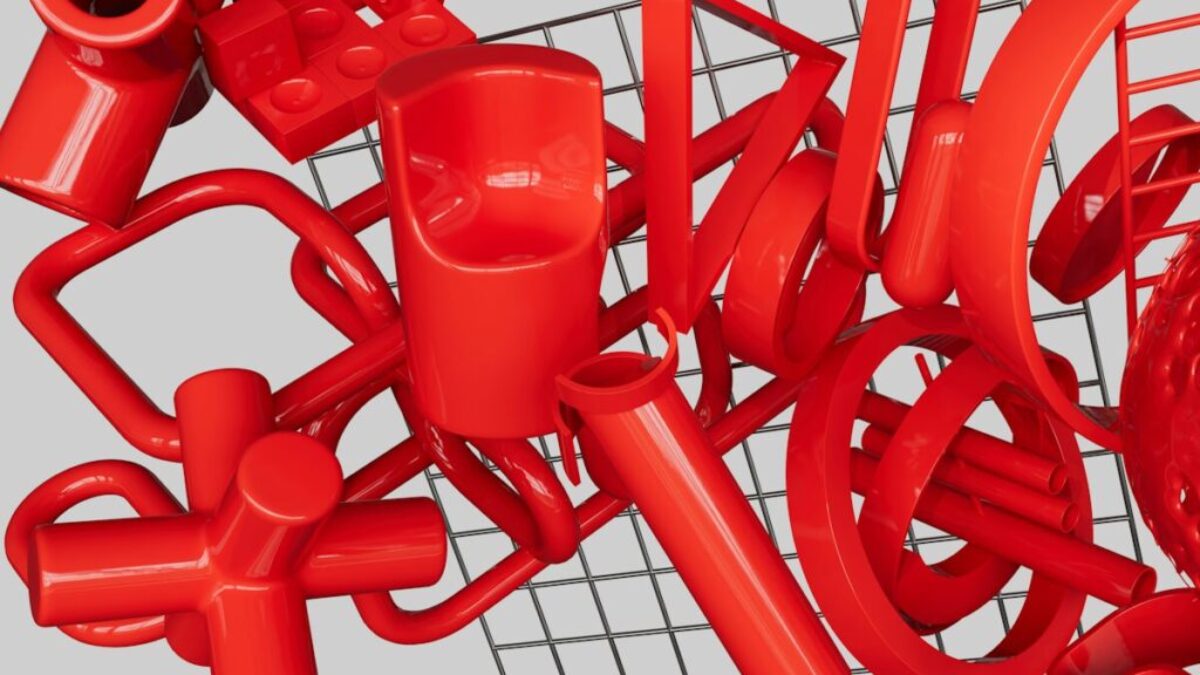 a shopping cart with a red object in the middle of it