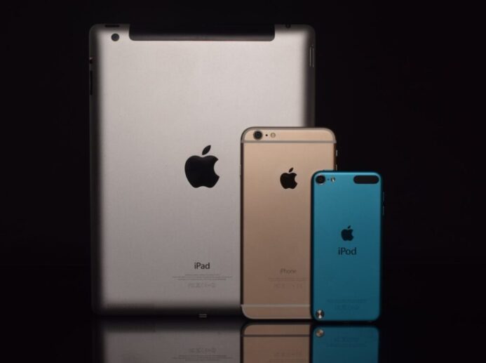 Space Gray Ipad, Gold Iphone 6, and Blue Ipod Touch