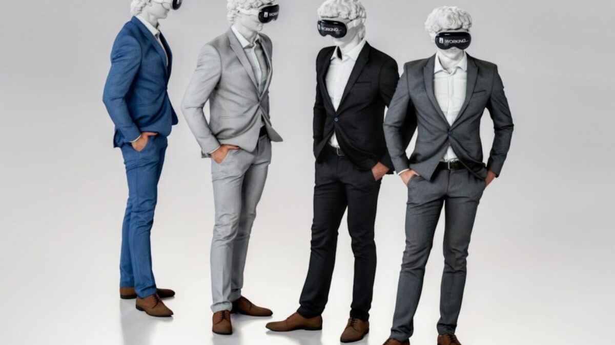a group of three men in suits and masks
