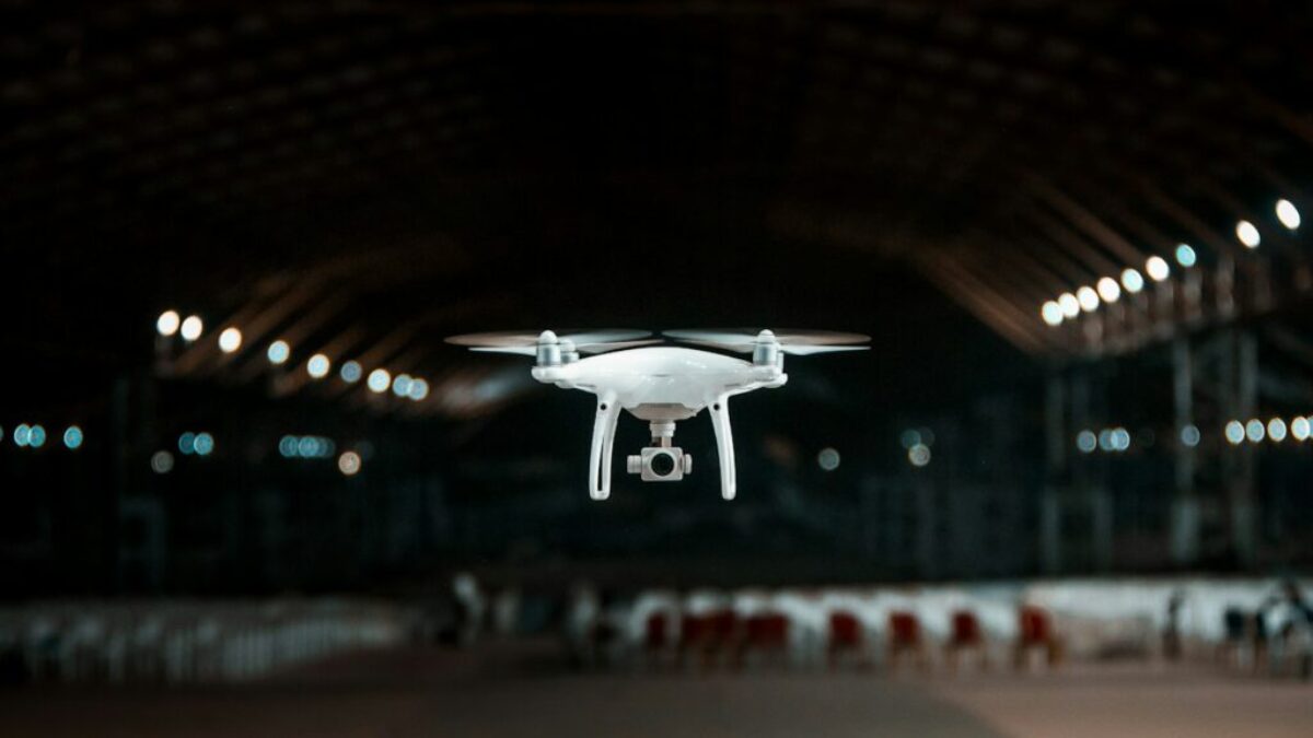 white drone in a building