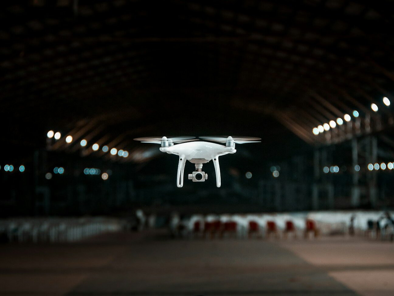 white drone in a building