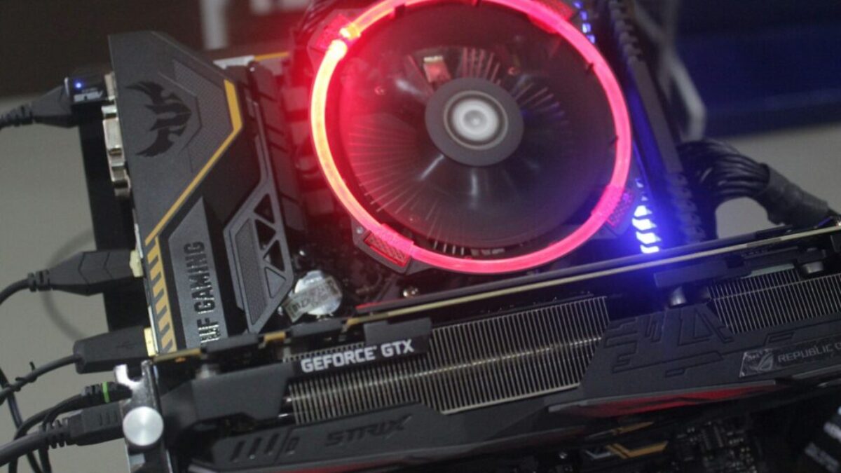 lighted black and gray graphics card