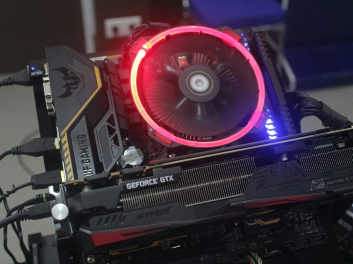 lighted black and gray graphics card