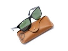 black framed sunglasses on brown leather pouch