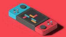 a nintendo wii game controller on a red background