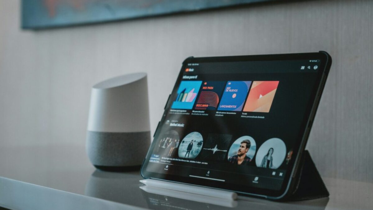 black tablet computer on white table