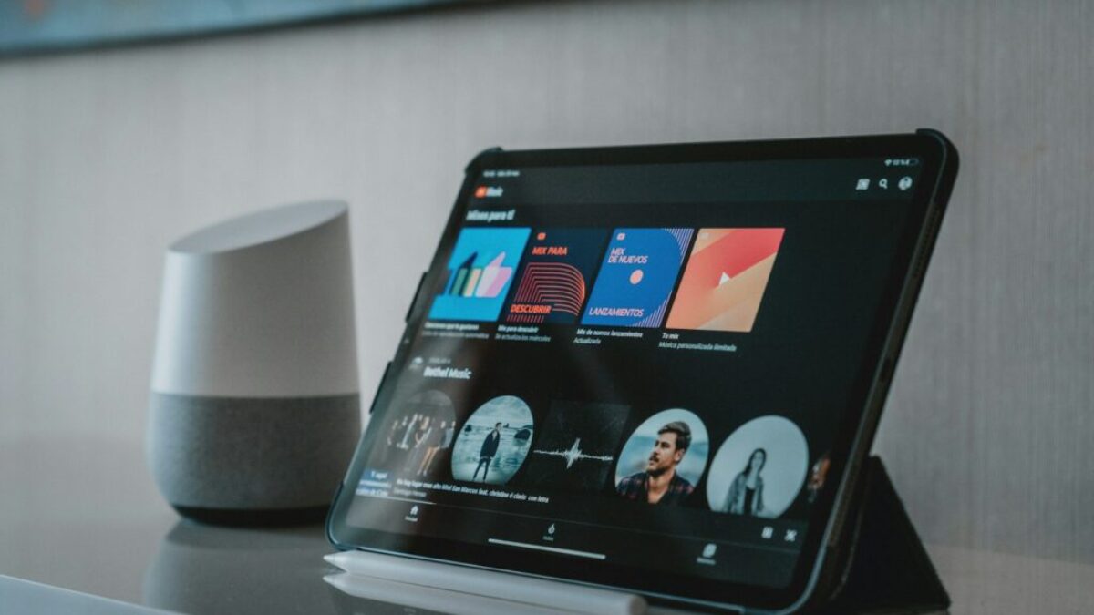 black tablet computer on white table