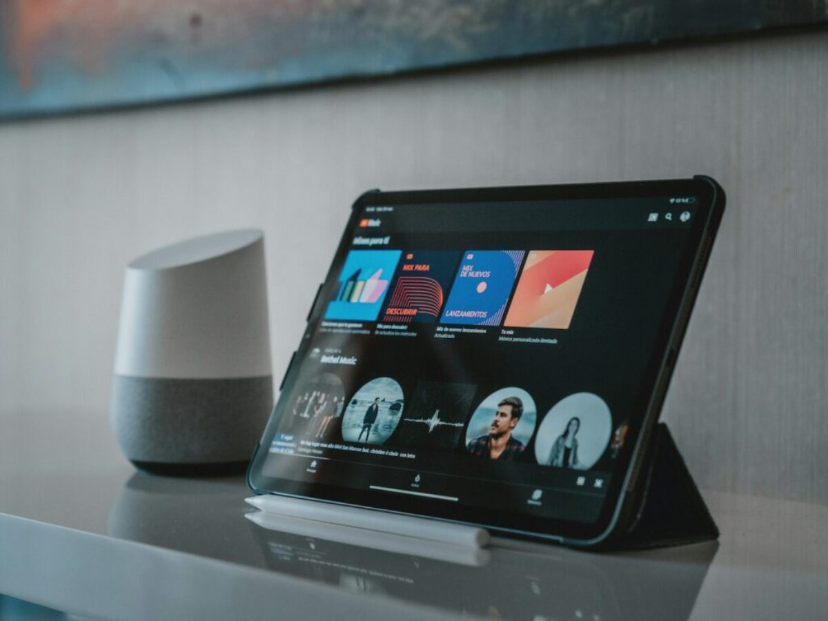 black tablet computer on white table