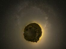 floating rock on galaxy illustration