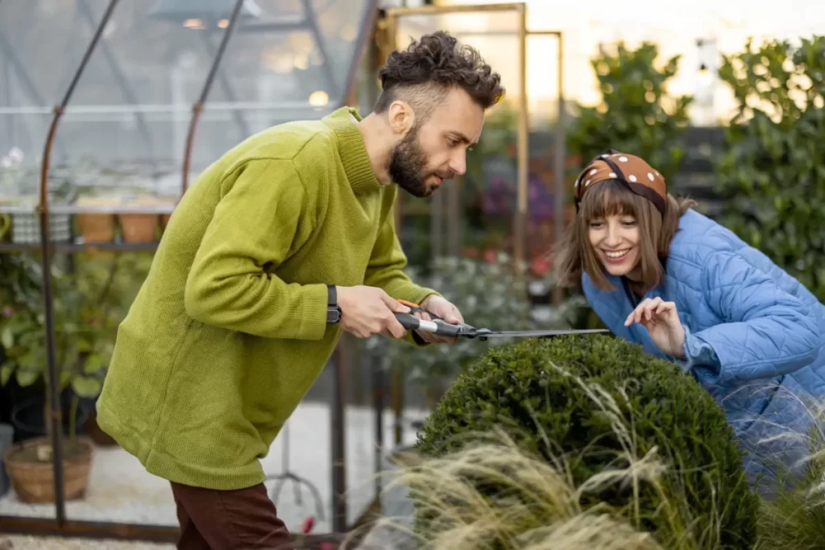 Muž se ženou opečovávají keř