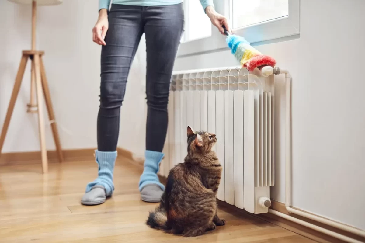 žena utírá prach na topení