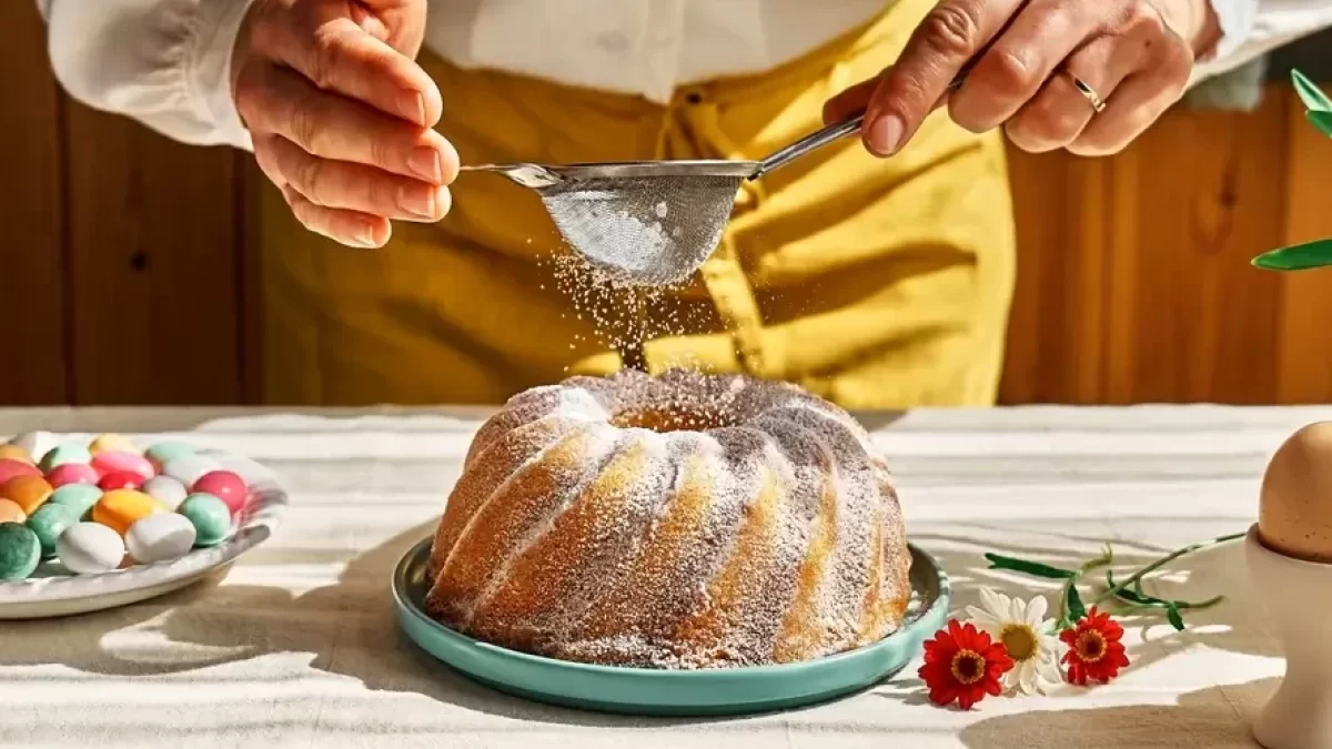 Žena cukřenku a cukří bábovku.